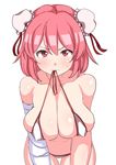  bandaged_arm bandages bare_shoulders bikini blush breasts bun_cover cleavage collarbone double_bun ibaraki_kasen large_breasts leaning_forward looking_at_viewer matahari mouth_hold pink_eyes pink_hair shiny shiny_skin short_hair simple_background sketch skindentation solo string_bikini sweatdrop swimsuit touhou untied untied_bikini white_background white_bikini 