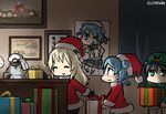  ^_^ atago_(kantai_collection) black_hair blonde_hair blue_hair blush box closed_eyes commentary dated desk_lamp double_bun gift gift_box gloves hamu_koutarou hat isuzu_(kantai_collection) kantai_collection lamp multiple_girls painting_(object) poster_(object) puppet santa_costume santa_hat school_uniform serafuku smile translated urakaze_(kantai_collection) 