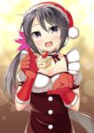  akebono_(kantai_collection) alternate_costume bad_id bad_pixiv_id bell blush cake feeding flower food gloves hair_bell hair_flower hair_ornament hat jingle_bell kankitsunabe_(citrus) kantai_collection looking_at_viewer nose_blush open_mouth pov_feeding purple_eyes purple_hair santa_hat side_ponytail smile solo 