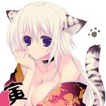  2010 animal_ears animal_print bare_shoulders breasts cat_ears cat_tail cleavage copyright_request japanese_clothes kimono kumatora_tatsumi large_breasts lowres new_year solo tail tiger_print 