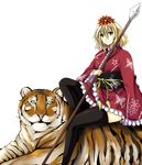  bishamonten's_spear blonde_hair hair_ornament mugenshiki multicolored_hair polearm shawl short_hair solo spear thighhighs tiger toramaru_shou touhou weapon yellow_eyes 