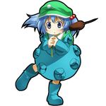  backpack bad_id bad_pixiv_id bag blue_eyes blue_hair boots full_body hair_bobbles hair_ornament hat highres kawashiro_nitori short_hair solo touhou transparent_background twintails two_side_up umekichi 
