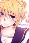  aqua_eyes blonde_hair blush frown headphones kagamine_len male_focus mukkun sad solo vocaloid 