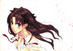  black_ribbon blue_eyes blush brown_hair cover face fate/stay_night fate_(series) hair_ribbon highres long_hair morii_shizuki open_clothes open_shirt ribbon scan shirt smile solo toosaka_rin two_side_up white_shirt 