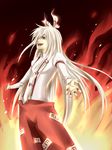  bad_id bad_pixiv_id bow fire fujiwara_no_mokou hair_bow hair_over_one_eye hair_ribbon highres hoshino_(pixiv) long_hair long_sleeves nail_polish open_mouth outstretched_arms pants red_eyes ribbon shirt silver_hair solo spread_arms standing touhou white_shirt 