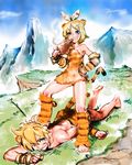 1girl animal_ears barefoot blonde_hair blue_eyes boned_meat bow bow_(bhp) brother_and_sister caveman food foot_on_head grin hair_bow hair_ornament hairclip highres kagamine_len kagamine_rin meat mountain short_hair siblings smile tail teardrop teeth tiger_ears tiger_tail twins vocaloid 