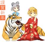  animal_ears animal_print bad_id bad_pixiv_id blonde_hair capelet flower grey_hair hair_flower hair_ornament japanese_clothes kimono looking_at_viewer mouse_ears multicolored_hair multiple_girls nazrin orange_eyes red_eyes riding short_hair tiger tiger_print toramaru_shou touhou tsuchifumazu two-tone_hair 