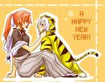  2girls alternate_hairstyle animal_costume animal_print bad_id bad_pixiv_id costume hong_meiling inukoro_(wolf) izayoi_sakuya multiple_girls new_year ponytail tiger_costume tiger_print touhou 