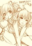  2girls animal_ears bosshi brown copyright_request hair_bobbles hair_ornament monochrome multiple_girls new_year sketch tail tiger_ears tiger_tail translated yellow_background 
