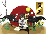  animal_print black_hair flower hat kyanai looking_at_viewer mask panties pantyshot red_eyes shameimaru_aya shiina_shian short_hair sitting solo tengu_mask tiger_print tokin_hat touhou underwear wings 