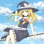  apron bad_id bad_pixiv_id blonde_hair bow broom broom_riding cloud day dress hair_bow hat hat_tip hebitsukai highres kirisame_marisa sidesaddle sitting sky smile solo touhou witch_hat yellow_eyes 