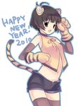  2010 akizuki_ryou animal_costume animal_ears animal_print antenna_hair bad_id bad_pixiv_id bare_shoulders blush brown_eyes brown_hair cat_ears costume idolmaster idolmaster_dearly_stars male_focus midriff new_year open_mouth otoko_no_ko paws short_hair smile solo tail teu_(navy) thighhighs tiger_boy tiger_costume tiger_ears tiger_print tiger_tail 