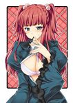  bra breasts cleavage food frills hair_bobbles hair_ornament highres large_breasts lingerie mushi024 open_clothes open_shirt pocky red_hair shirt solo two_side_up umineko_no_naku_koro_ni underwear ushiromiya_ange 