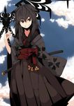  bad_id bad_pixiv_id black_hair brown_eyes cloud day fuurin_(omaemona) japanese_clothes katana long_hair original sky smile solo sword weapon 