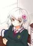  alternate_costume bag blush contemporary eyes green_eyes komeiji_koishi ribbon school_uniform shiro_tsugumi silver_hair solo touhou 