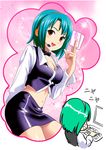  card computer cosplay croupier female_pervert green_hair headset holding holding_card idolmaster idolmaster_(classic) imagining microphone midriff miniskirt otonashi_kotori pencil_skirt pervert ponnetsu red_eyes rio_rollins rio_rollins_(cosplay) short_hair skirt super_blackjack 