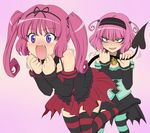  angry artist_request blush colorized demon_tail fang hairband long_hair momo_velia_deviluke multiple_girls nana_asta_deviluke official_art purple_eyes purple_hair short_hair siblings sisters striped striped_legwear tail tail_grab thighhighs to_love-ru twins twintails 