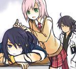  2boys artist_request black_eyes black_hair book bracelet cardigan coat estellise_sidos_heurassein green_eyes jewelry long_hair lowres multiple_boys necktie pink_hair ponytail raven_(tales) school_uniform short_hair smile tales_of_(series) tales_of_vesperia yuri_lowell 