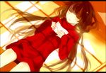  bad_id bad_pixiv_id blush brown_hair closed_eyes copyright_request dress legs letter long_hair lying on_back solo sweater sweater_dress tan_(tangent) tears twintails 