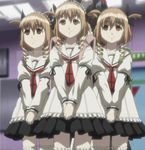  armband brown_hair child coyote_ragtime_show diesse drill_hair flat_chest hair_ribbon hairband highres jpeg_artifacts lineup lolita_hairband multiple_girls necktie nove_(coyote_ragtime_show) oct pleated_skirt red_eyes ribbon school_uniform screencap serafuku short_hair short_twintails siblings sisters skirt smile standing stitched thighhighs third-party_edit triplets twin_drills twintails white_legwear zettai_ryouiki 