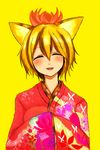  alternate_costume animal_ears blonde_hair blush closed_eyes facing_viewer fangs floral_print han_(jackpot) hands_in_opposite_sleeves japanese_clothes kimono open_mouth short_hair simple_background solo toramaru_shou touhou upper_body yellow_background 