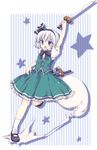  arms_up bad_id bad_pixiv_id black_hairband blue_eyes blush bob_cut bow bowtie buttons fighting_stance full_body hairband katana konpaku_youmu konpaku_youmu_(ghost) mary_janes matsusaka_gyuu oekaki open_mouth shoes short_hair silver_hair skirt skirt_set solo standing standing_on_one_leg striped striped_background sword touhou weapon 