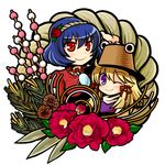  ;) blonde_hair blue_hair camellia flower hair_flower hair_ornament hair_ribbon hat highres leaf_hair_ornament mirror moriya_suwako multiple_girls one_eye_closed pinecone purple_eyes red_eyes ribbon shimekazari simple_background smile socha sparkle touhou tress_ribbon yasaka_kanako 