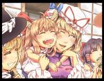  blonde_hair blood brown_hair closed_eyes fangs hakurei_reimu hat horns ibuki_suika japanese_clothes kirisame_marisa kouzilow multiple_girls nosebleed sweatdrop touhou viewfinder wince witch_hat yakumo_yukari 