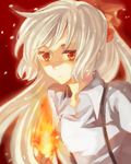  bow face fire fujiwara_no_mokou glowing glowing_eyes hair_bow hair_ribbon long_hair lowres munya orange_eyes ribbon shirt silver_hair solo suspenders touhou white_shirt 