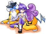  :3 blush ebifly_(dokudoku) gen_2_pokemon lila_(pokemon) pantyhose pokemon pokemon_(creature) purple_eyes purple_hair raikou sitting 