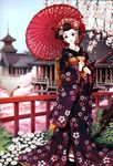  absurdres architecture black_hair cherry_blossoms east_asian_architecture flower geisha geta hair_ornament highres japanese_clothes kimono nardack nihongami oriental_umbrella original parasol solo susohiki umbrella 