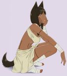  animal_ears bandages barefoot breasts brown_hair copyright_request dark_skin medium_breasts sawa_jaaji solo squatting tail tattoo toeless_legwear toes tribal yellow_eyes 