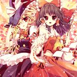  back-to-back bad_id bad_pixiv_id blonde_hair brown_hair detached_sleeves dress e-nya frills gohei hakurei_reimu hat kirisame_marisa long_hair multiple_girls red_eyes touhou witch_hat 