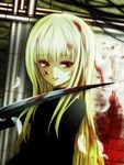  black_cat_(series) blade blonde_hair blood blood_on_face eve_(black_cat) face feathers graphite_(medium) highres long_hair mixed_media pipes red_eyes shichouson solo traditional_media 