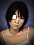  3d asian black_hair eyepatch female freckles gradient gradient_background realistic solo yoshitaka_kawakami 
