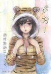  2010 animal_costume animal_print breasts brown_eyes brown_hair cleavage costume large_breasts love_plus new_year solo tafuto takane_manaka tiger_costume tiger_print 