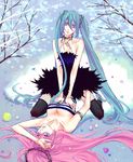  aqua_eyes aqua_hair bad_id bad_pixiv_id breast_grab breasts cheese_keito cleavage dress fishnet_pantyhose fishnets grabbing hatsune_miku long_hair medium_breasts megurine_luka multiple_girls pantyhose pink_hair snow thighhighs twintails very_long_hair vocaloid yuri zettai_ryouiki 