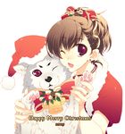  2009 animal bad_id bad_pixiv_id bell bow brown_hair christmas dog earrings female_protagonist_(persona_3) hat jewelry koromaru one_eye_closed persona persona_3 persona_3_portable pose red_eyes ring santa_costume santa_hat short_hair simple_background smile solo trough_shell wince 
