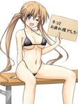  bench bikini blue_eyes brown_hair highleg highleg_bikini highleg_swimsuit long_hair masakichi_(crossroad) one_eye_closed sakuya_(sister_princess) sister_princess sitting solo swimsuit translation_request twintails 