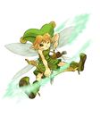  arrow blonde_hair blush_stickers boots full_body green_eyes grin hat highres inomata_mutsumi legs looking_down male_focus official_art pointy_ears shorts simple_background sleeveless smile solo sylph_(tales) tales_of_(series) tales_of_eternia weapon wince wings 