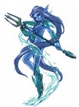  animal_ears armor blue_hair blue_skin breasts full_body highres holding inomata_mutsumi legs long_hair medium_breasts nude official_art orange_eyes polearm profile shoes sideboob simple_background smile solo standing tales_of_(series) tales_of_eternia trident undine_(tales) water weapon 