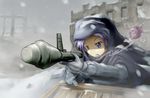  blue_eyes blue_hair cigarette fat_(artist) gloves hood kumoi_ichirin panzerfaust ruins snow solo touhou unzan world_war_ii 