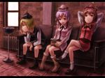  arms_behind_head bad_id bad_pixiv_id between_legs blonde_hair brown_eyes brown_hair cigarette couch crossed_legs game_boy hand_between_legs handheld_game_console hat kurione_(zassou) lavender_hair leaning_back leaning_forward legs letterboxed lunasa_prismriver lyrica_prismriver merlin_prismriver multiple_girls playing_games purple_hair short_hair siblings sisters sitting skirt smoking touhou window yellow_eyes 