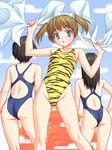  animal_print ass breasts brown_hair competition_swimsuit copyright_request green_eyes highleg highleg_swimsuit miyama_amehiko multiple_girls one-piece_swimsuit small_breasts swimsuit tiger_print twintails 