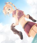  1girl belt blonde_hair blue_eyes boots chrono_(series) chrono_cross cloud clouds female kid_(chrono_cross) long_hair looking_back miniskirt outdoors pochi_(pixiv19310) ponytail skirt sky smile solo water 