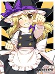  blonde_hair braid buttons dress grin hair_ribbon hands hat kirisame_marisa one_eye_closed ribbon smile solo touhou witch_hat yellow_eyes yuuki_keisuke 