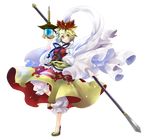  bad_id bad_pixiv_id bishamonten's_pagoda bishamonten's_spear blonde_hair full_body hair_ornament highres kogawa multicolored_hair polearm shawl short_hair solo spear standing standing_on_one_leg toramaru_shou touhou transparent_background weapon yellow_eyes 