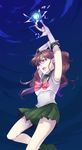  arms_up bishoujo_senshi_sailor_moon blue_background blue_eyes bow brown_hair choker elbow_gloves gloves green_choker green_sailor_collar green_skirt highres kino_makoto magical_girl null_(chronix) pink_bow sailor_collar sailor_jupiter sailor_senshi_uniform skirt solo tiara white_gloves 