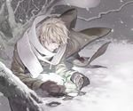  akekure axis_powers_hetalia bare_tree blonde_hair coat cupping_hands gloves long_sleeves lying male_focus on_ground on_side outdoors parted_lips plant protecting red_eyes russia_(hetalia) scarf snow snowing solo sprout tree white_hair white_scarf wind winter 