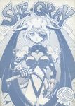  absurdres artist_request bare_shoulders bat_wings blue bone copyright_request cover cover_page demon_girl demon_tail doujinshi earrings eyepatch frown gauntlets highres horns jewelry leather monochrome polka_dot polka_dot_background scan short_hair solo succubus tail thighhighs whip wings 